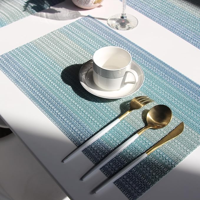 Placemats Washable Easy to Clean PVC Placemat for Kitchen Table Heat-resistand Woven Vinyl Hard Table Mats 12x18 inches Set of 6 （Blue）