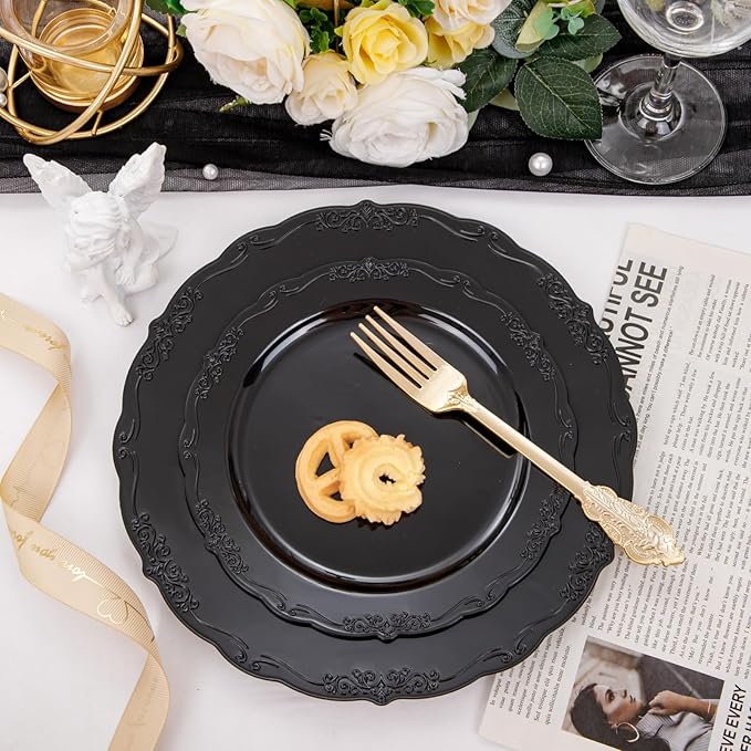 U-QE 100PCS Black Plastic Plates, Heavy Duty Black Plates Including 50PCS 10'' Dinner Plates & 50PCS 7.5'' Dessert Plate - Hard Plastic Plate for Party Wedding Bridal Shower