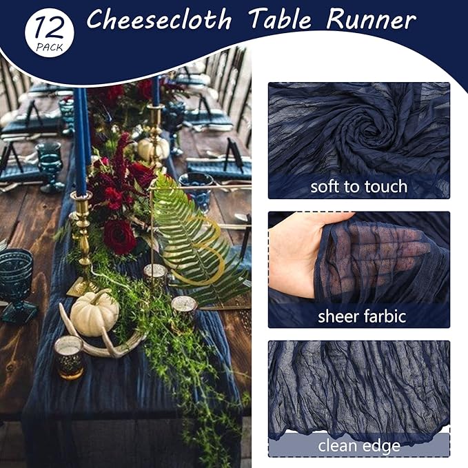 12 Pack 13Ft Cheesecloth Table Runner 35x157 Inch Boho Gauze Table Runner Cheese Cloth Long Rustic Table Runners for Wedding Bridal Shower Birthday Party Table Decor (Navy Blue)