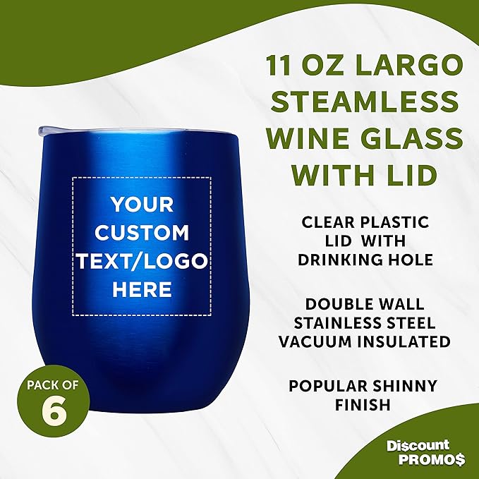 Custom Stemless Wine Glass Tumblers with Lids by Largo 11 oz. Set of 6, Personalized Bulk Pack - Perfect for Wine, Cocktails, Other Hot & Cold Beverages - Blue