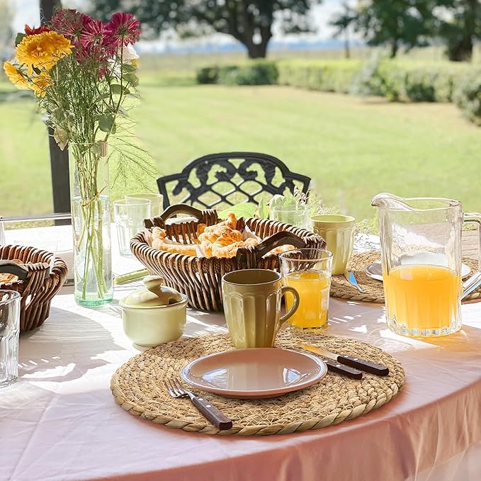 Aneco 48 Pack 12-Inch Round Woven Placemats Natural Hand-Woven Boho Rattan Wicker Bulrush Placemat Farmhouse Rustic Braided Table Mats for Dining & Kitchen Decor