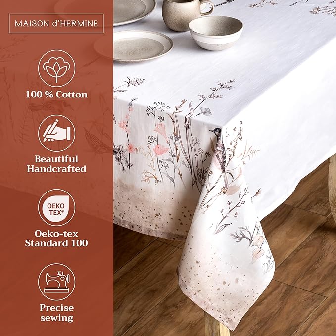 Maison d' Hermine Table Cloth Square Table 100% Cotton 60 x 60 Inches Tablecloth Reusable Decorative for Dining Room Farmhouse Home Valentines Day Decorations Spring Summer - Meadow Florals - Brown
