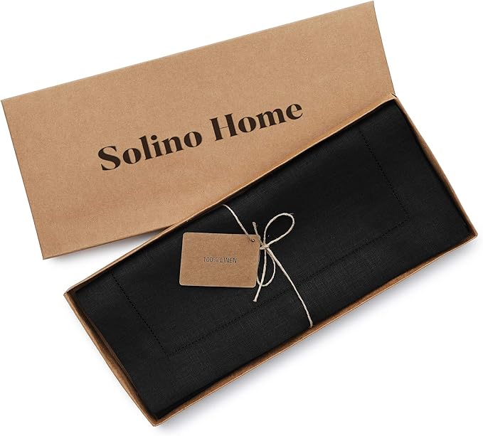 Solino Home Linen Black Table Runner 48 Inches - Classic Hemstitch, 100% Pure Linen Coffee Table Runner 14 x 48 Inch Ideal for Dresser Tables - Winter, Spring, Easter