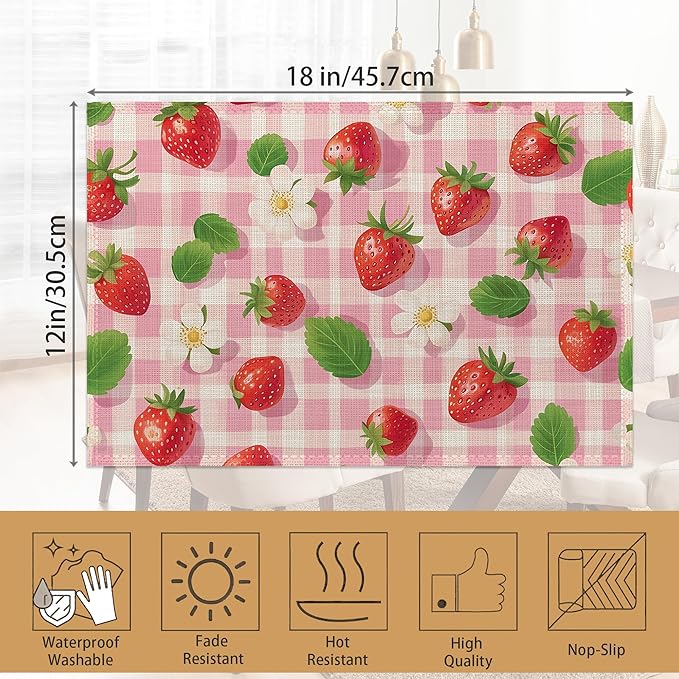 Placemats12x18 Inch,Pink Plaid Placemats,Strawberries Kitchen Dining Coffee Table Mats Set of 6 for Home Indoor Outdoor Party