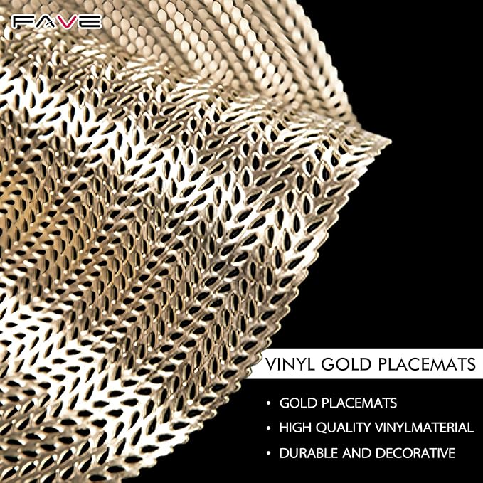 FAVE 12PCS Gold Vinyl Round Placemats, Wheat Sheaf Design 15 Inch Placemats Set of 12 Washable for Dining, Events, Banquet, Home & Daily Use (Gold Wheat,12pcs)