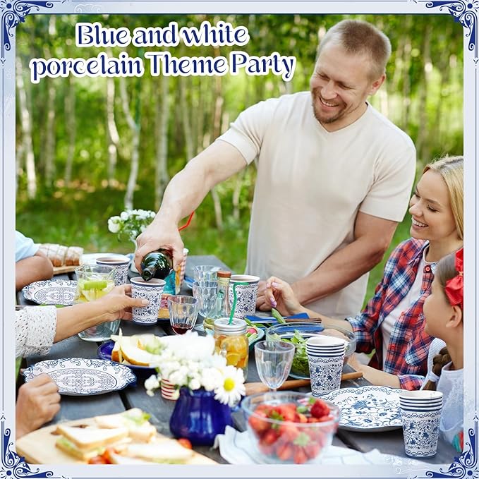 Pickmesh 250 Pcs Blue White Floral Disposable Tableware Set Blue and White Porcelain Pattern Disposable Paper Plates Napkins and Cups for Chinoiserie Baby Shower Birthday Wedding Tea Party Supplies