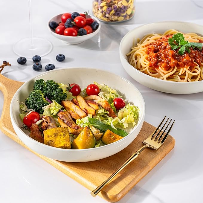 AmorArc 8.75'' Large Ceramic Pasta Bowls, 36oz Handpainted Stoneware Bowls Set of 4, Microwave&Dishwasher Safe Bowls with Rustic Terracotta Underside for Pasta Salad, Multi-Color