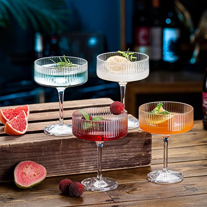 20Pcs Acrylic Martini Glasses, 10oz Shatterproof Plastic Champagne Tower, Unbreakable Ribbed Coupe Glasses, Art Deco Stem Cocktail Glassware Set, Manhattan Goblet for Wedding Birthday Party
