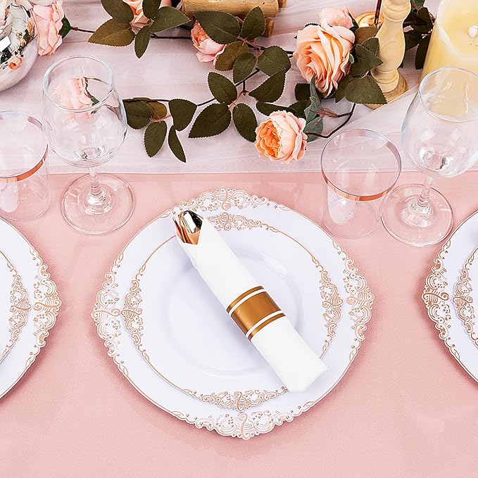 Hioasis 350pcs Rose Gold Plastic Plates - Elegant Disposable Dinnerware Set Suitable for 50 Guests Include 10.25" Dinner & 7.5" Dessert Plates, Pre Rolled Silverware Set, Cups for Party & Thanksgiving