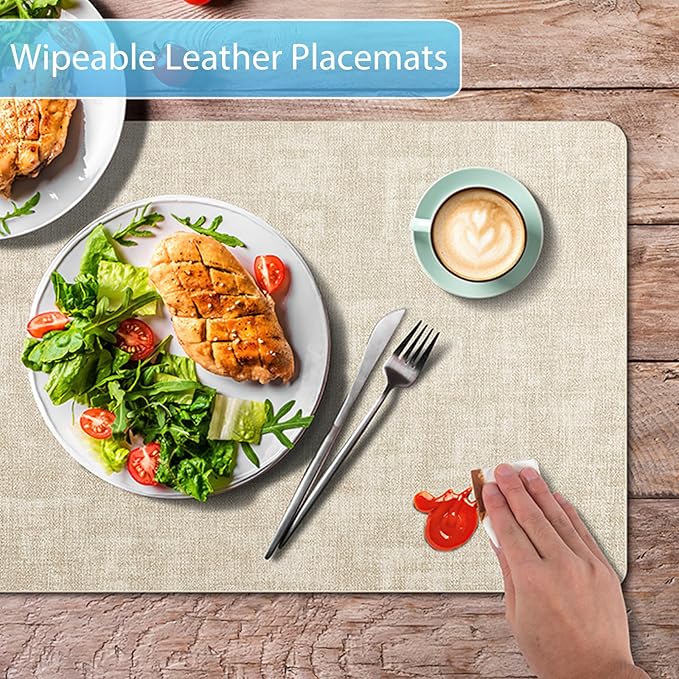 Placemats Set of 12 Washable, Heat Resistant Table Placemats Wipeable Faux Leather Place Mats Non Slip, Waterproof Square Table Mats for Indoor Outdoor, Beige