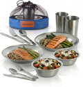 Unique Complete Messware Kit Polished Stainless Steel Dishes Set| Tableware| Dinnerware| Camping| Includes - Cups | Plates| Bowls| Cutlery| Comes in Mesh Bags