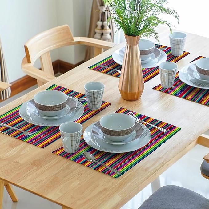 Mexican Placemats Set of 4 - Colorful Stripes Place Mats 12x18 Fiesta Tablemats Table Mats for Party Kitchen Dining