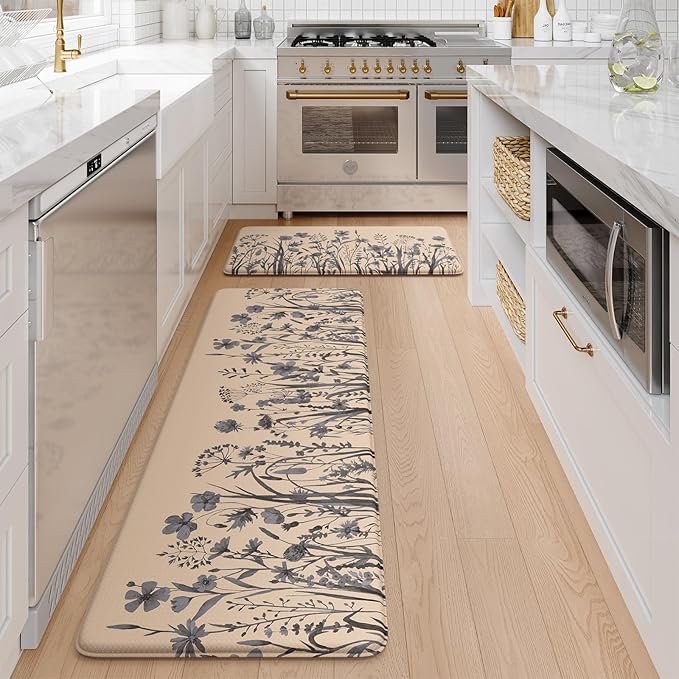 KIMODE Anti Fatigue Kitchen Mats for Floor, Farmhouse Kitchen Rugs Sets of 2, Cushioned Kitchen Floor Mats, Comfort Standing Mat for Sink, Laundry, Office, Desk Brown/Grey 17"x47"+17"x29"