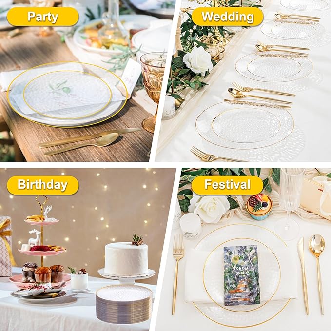 Rubtlamp 60 Pcs Clear Plastic Dessert Plates, Hammered Party Plates, Disposable Heavy Duty Salad/Dessert Platos,Clear Party Platos, Gold Plastic Appetizer Platos Disposable For All Occasions