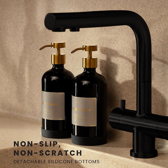 Hand and Dish Soap Dispenser for Kitchen and Bathroom, Set of 2 16 Oz Glass Bottles, Stainless Steel Pumps, Non-Slip Silicone Base, 27 Waterproof Labels (Gloss Black Bottle/Brushed Gold Pump)