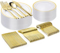 Bestvip 150PCS Gold Plastic Plate Set (25 Guests), Plastic Plates for Party Wedding Birthday, Disposable Dinnerware Set of 50 Plastic Plates, 50 Forks, 25 Spoons, 25 Knives