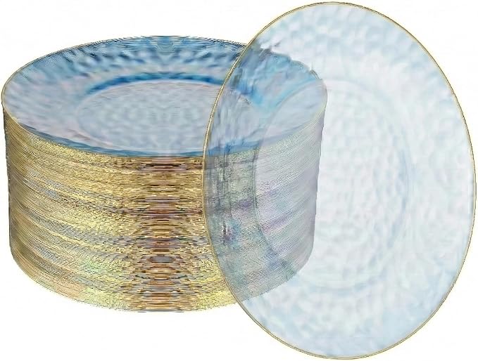 R-kay 100 Pack Blue Plastic Plates - 6 Inch Hammered With Gold Rim, Sturdy, Durable And Extra Heavy duty Blue Dessert Plates Disposable - Ideal For Appetizer And And For Desserts.