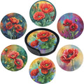 Red Flowers Coasters Leather Round Drink Coasters 6 Pcs Set with Holderor for Cup Drink Coffee Table Bar Home Decor