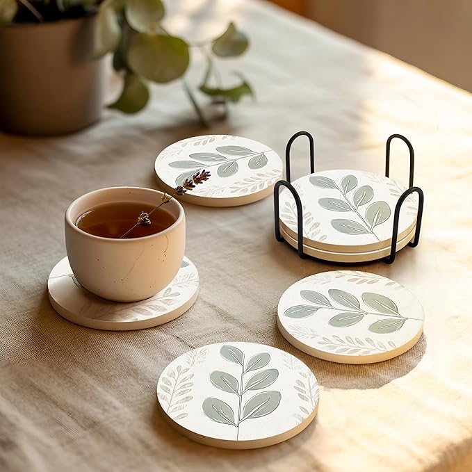 VEYRO Ceramic Coasters Set of 6 – Absorbent Stone Drink Coasters with Holder, Non-Slip Cork Backing, Modern Marble Look Coasters for Coffee Table, Desk & Home Decor