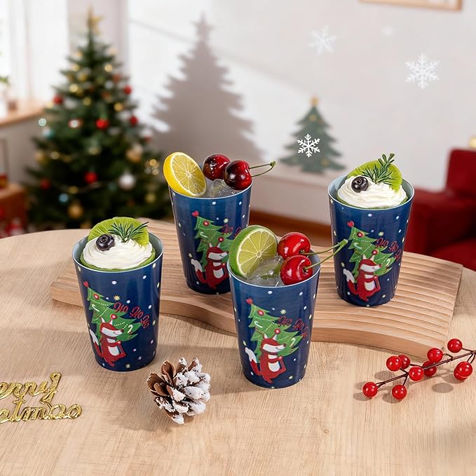 I00000 50Pcs 12oz Christmas Tree Design Christmas Plastic Cups, Premium Disposable Cups Cocktail Cup, Dark Blue Xmas Party Cup with Red Fox Design Pattern Design, Perfect for Xmas Party