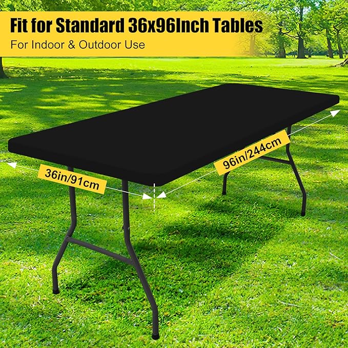 Smiry Rectangle Picnic Table Cloth, Waterproof Elastic Fitted Tablecloths for 8 Foot Tables, Washable Polyester Table Cover for Camping, Indoor and Outdoor (Black, 36"x96")
