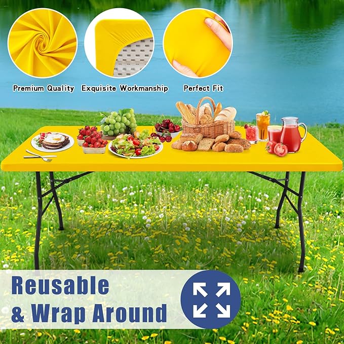 Spandex 5 Foot Rectangle Table Cloth 2 Pack, Elastic Fitted Tablecloths for Picnic, Stretch Washable Patio Table Cover for Outdoor, Camping, Banquet and Parties (Yellow, 30"x60")