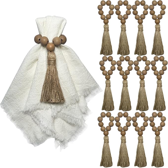 Napkin Rings Set of 12, Wooden Napkin Rings,Wood Bead Elastic Farmhouse Napkin Ring with Tassel,Boho Napkin Holder for Table Decor,Weeding,Dinner,Party(Light Brown)
