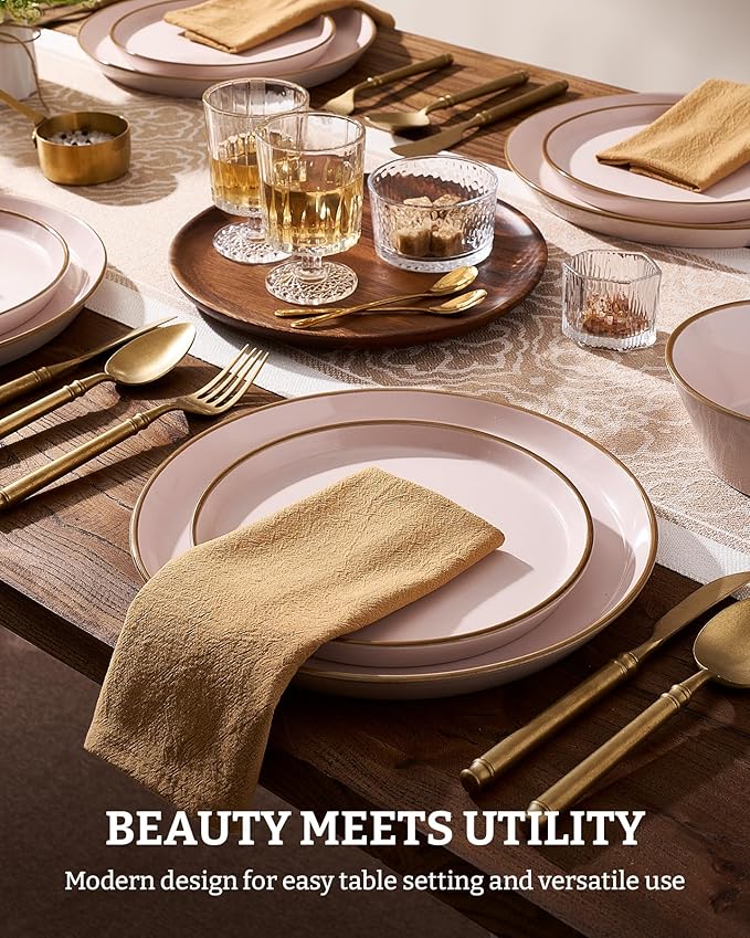 Famiware Saturn Stoneware Dinnerware Sets for 8 (24 Pieces), Ceramic Plates and Bowls Dish Sets with Hand-Painted Trim - Chip & Scratch Resistant, Microwave & Dishwasher Safe Tableware, Light Pink