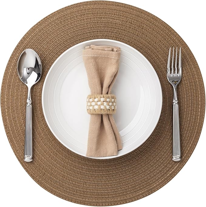 Round Placemats Set of 6 Woven Placemats Washable Braided Table Mats for Dining Table Heat Resistant Non-Slip Circle Place Mats(Brown)