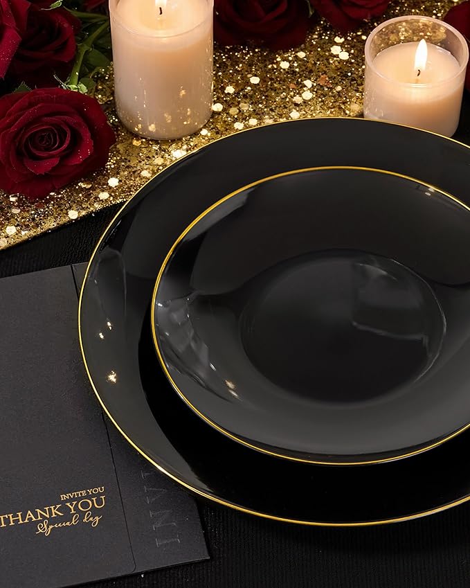 Nervure 100 Pieces Black Plastic Plates - 7.5inch Black Dessert Plates - Disposable Gold Plastic Plate - Disposable Plate Ideal for Wedding & Party