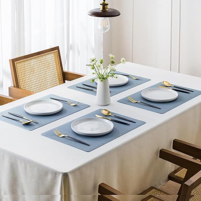 Jovono Faux Leather Placemats Set of 8, Waterproof Washable Table Mats, Easy-Clean Heat Resistant Kitchen Vinyl Place Mat for Dining Table, Restaurant, Indoor, 17.8"x11.8", Light Blue