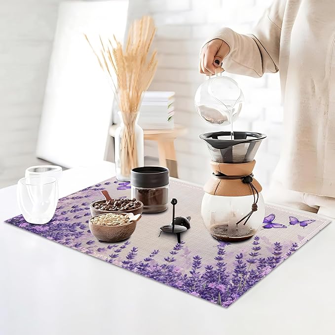 6 Pcs Placemats,Lavender Butterfly Placemat,Purple Table Mats Washable Recyclable Table Placemats for Indoor Outdoor Heat Resistant Kitchen Dining 12"x18"