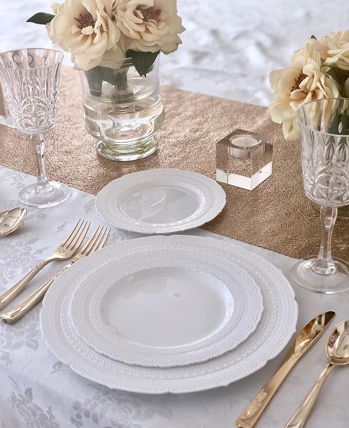 " OCCASIONS " 320pcs set (40 Guests) Extra Heavyweight Vintage Wedding Disposable/Reusable Plastic Plates -40x11'' + 40x8.25''+Silverware+Cups+Napkins (Chateau Collection Light Gray)
