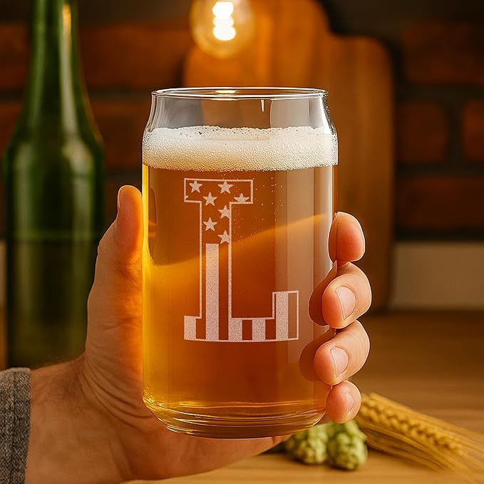 Monogram Beer Glasses for Men (A-Z) 16 oz - Beer Gifts for Men Brother Son Dad Neighbor - Unique Gifts for Him - Personalized Drinking Gift Beer Glass Mugs - Engraved Beer Can Glass (L)