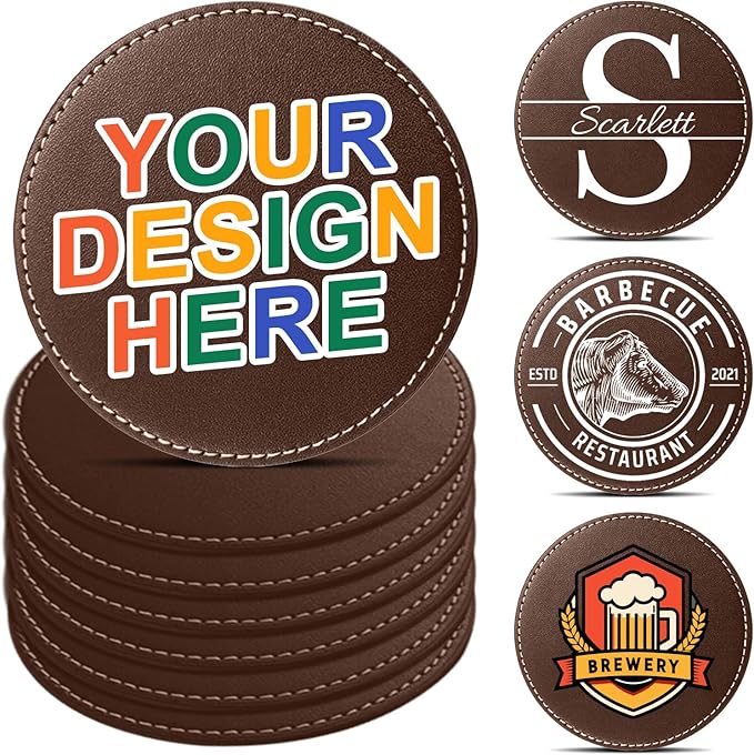 Custom Personalized Leather Coasters - Set of 6 | DIY Name, Photo, or Logo Coasters for Coffee Table, Bar, Beer, Wine | Ideal Housewarming Gift, Brown