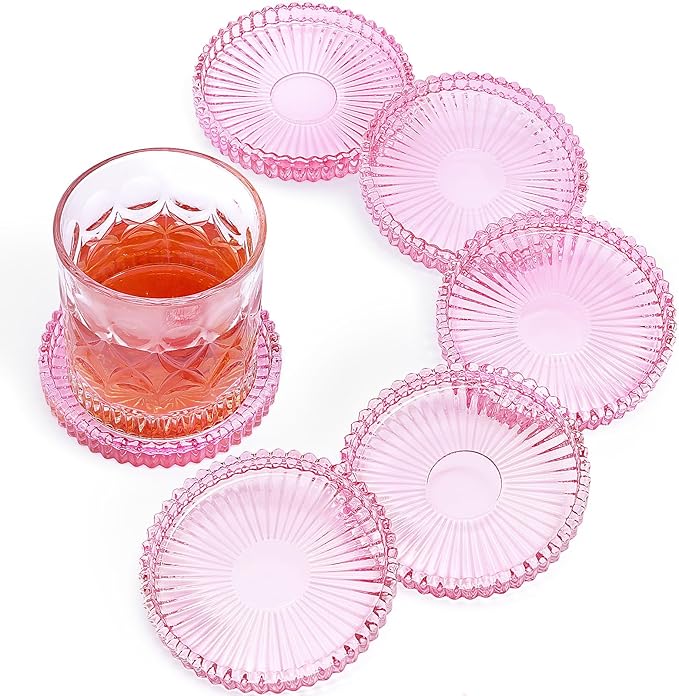 Modern Glass Coasters, GOH DODD Set of 6 Crystal Coasters Tabletop Protection for Drinks, Home Decor, Kitchen, Living Room, Patio, Wedding, Party, Housewarming Gifts, Clear Purple