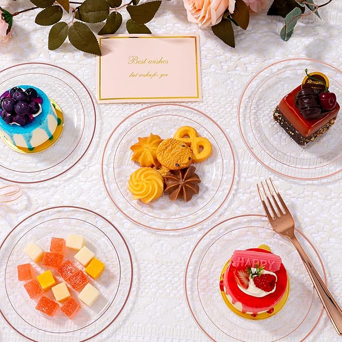 bUCLA 100PCS Clear Rose Gold Plastic Plates Disposable - Heavy Duty 6.25 Inch Clear Plastic Dessert Plates with Rose Gold Trim - Ideal for Party, Wedding & Valentines Day