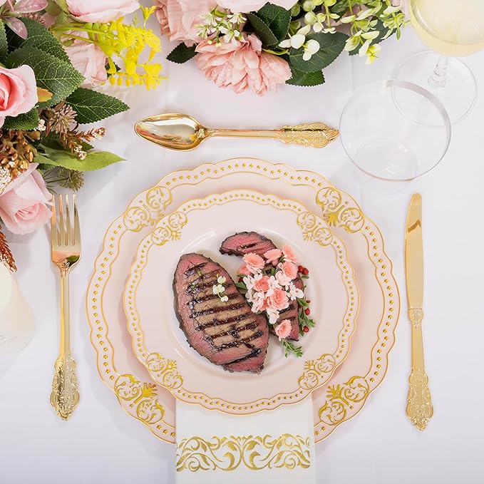Ciaell 175 PCS Pink and Gold Plastic Plates - Fancy Gold Disposable Dinnerware Set with of 50 Plates, 25 Knives, 25 Forks, 25 Spoons, 25 Cups, 25 Napkins for Party & Weddings & Valentine's Day