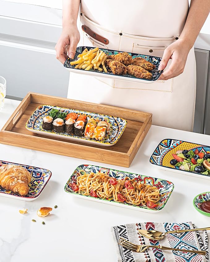 HENXFEN LEAD Boho Ceramic Dinner Plates 10 Inch – Large Rectangular Serving Plates Set of 6 for Salad, Sushi & Main Dishes, Microwave & Dishwasher Safe