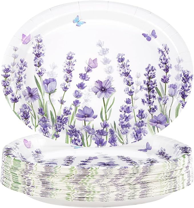 50 Pcs Lavender Oval Paper Plates Large 10" x 12" Spring Purple Lavender Floral Plates Disposable Heavy Duty Butterfly Flower Plates for Wedding Purple Baby Shower Lavender Birthday Party Decorations