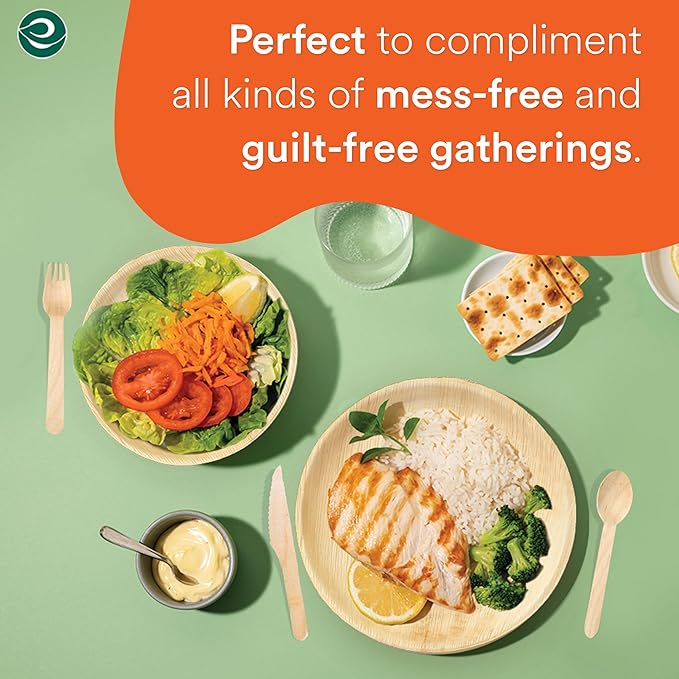ECO SOUL 100% Compostable Palm Leaf Dinnerware Set of 250 For 50 Guests [10", 6" Round plates, Fork, Knife, Spoon, 50 Count each] | Biodegradable Disposable Utensils for Wedding, Parties, BBQ