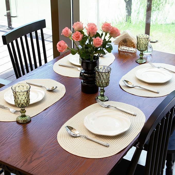 Noctiflorous Oval Braided Placemats Set of 8 Woven 12x18 Inch Non Slip Washable Heat Resistant Place Mats Round Tablemats for Dining Kitchen Party Daily Table Decor Dinner Mats (Solid Beige White, 8)