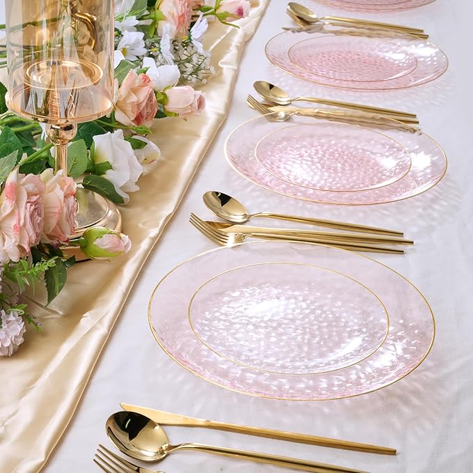 FOCUSLINE 60Pcs Clear Plastic Plates, Pink Disposable Plates with Gold Rim, 30 7" Salad Dessert Plate and 30 10" Dinner Plate Heavy-duty Hammered Plates for Party, Wedding