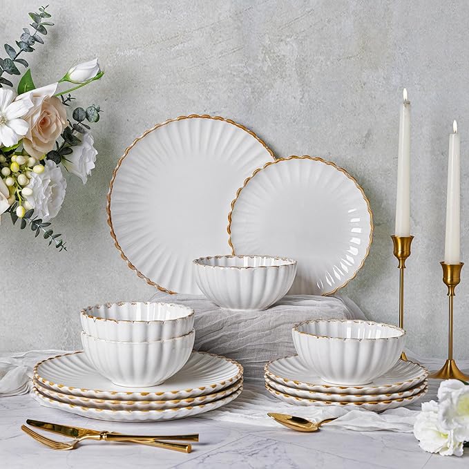 GBHOME Stoneware Dinnerware Sets for 4,Handcrafted Embossed Design Reactive Glaze Ceramic Plates and Bowls, Dishwasher and Microwave Safe, Service for 4(12pcs),Pearl White