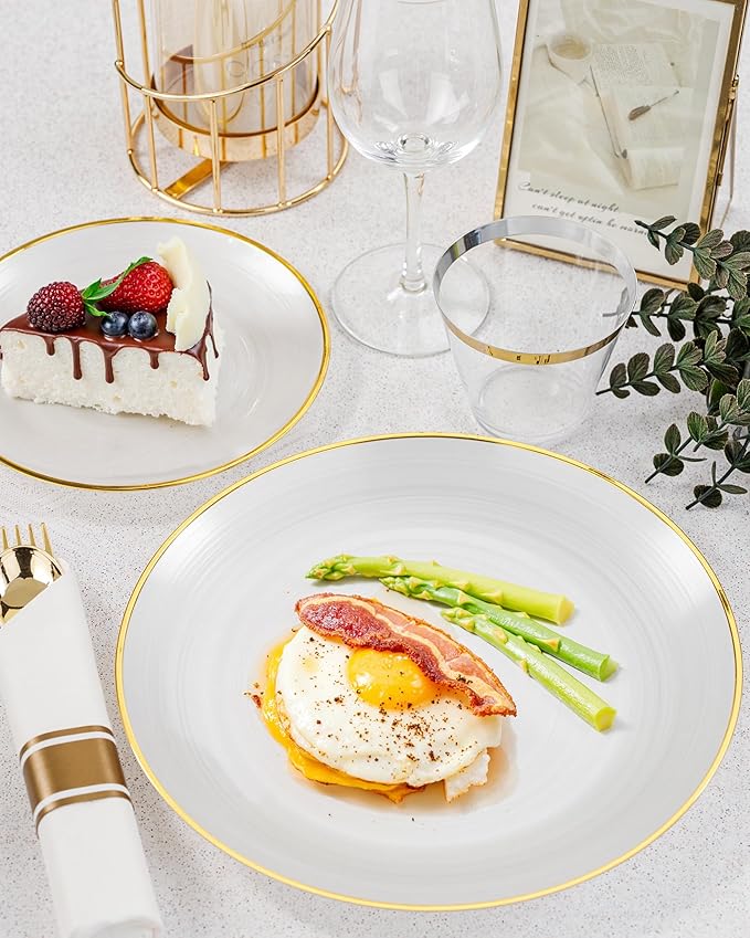 Morejoy 100Pcs Pearl White Plastic Plates,White Disposable Plates With Gold Rim,Heavy-duty Gold Plates, Modern swirl design Plate Include 50Clear Dessert-Platos,50Dinner-Platos for Party&Christmas