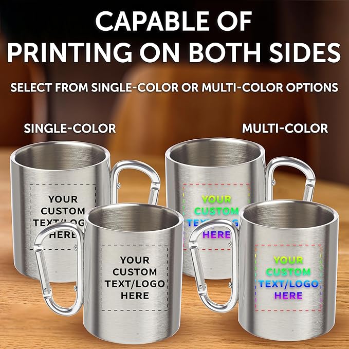 Custom Stainless Steel Mugs with Carabiner Handle 10 oz. Set of 100, Personalized Bulk Pack - Perfect for Coffee, Soda, Other Hot & Cold Beverages - Silver