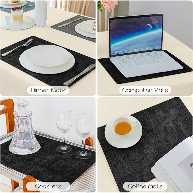 Romanstile Reversible Vinyl Placemats Set of 6, Faux Leather 100% Waterproof Oil-Proof Wipeable Place Mats, Heat Resistant Dual Sided Table Mats for Kitchen/Dining/Party (Grey Black, 12 x 17 Inch)