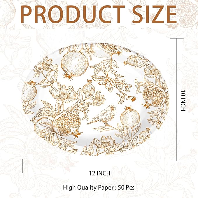 Grencian 50Pcs Fall Brown Pomegranate Oval Paper Plates 10"x12" Large Thanksgiving Party Plates Disposable Heavy Duty Autumn Pomegranate Platter for Fall Theme Party Decorations Harvest Party Supplies