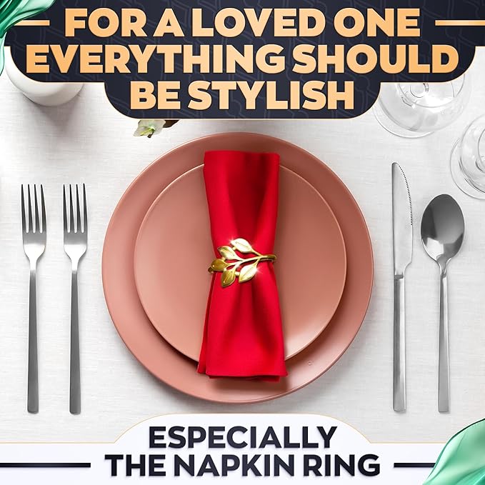 Valentine Gold Napkin Rings Set of 12 - Gold Leaf Napkin Rings Set | Elegant Design Napkin Ring Holders for Valentine Table Decorations, Festive Dinners & Special Occasions, Kitchen Gifts for Hosts
