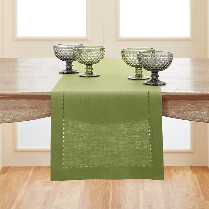 Solino Home Linen Moss Green Table Runner 48 Inches - 100% Pure Linen Small Table Runner 14 x 48 Inch Ideal for Dresser and Coffee Tables - Classic Hemstitch - Winter, Spring, Easter, St Patricks Day